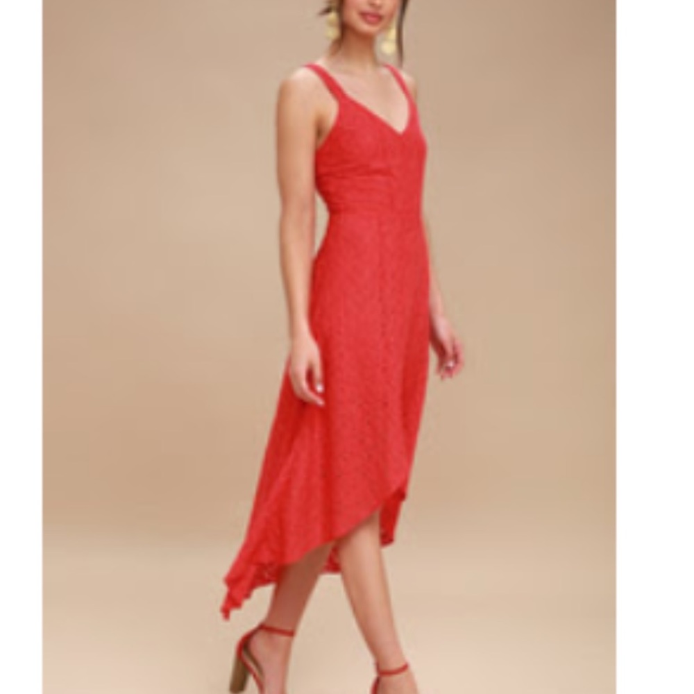 Lulu’s JOA Red Lace Midi Dress